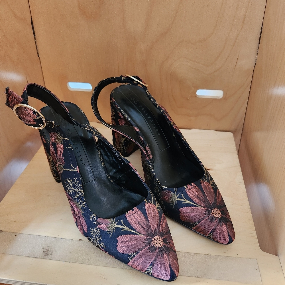Embroidered block heel slingback